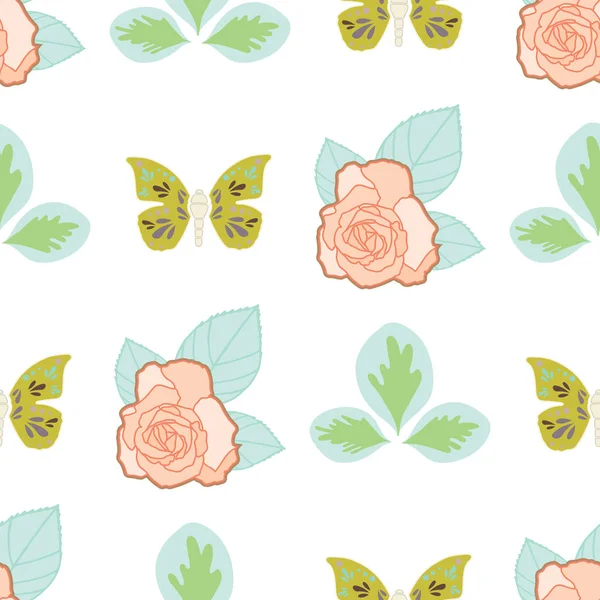 Vektor wiederholt nahtloses Muster mit Schmetterlingen, Blättern und Rosen. — Stockvektor