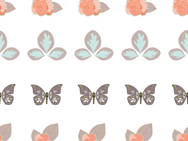 Vettore ripetizione modello senza soluzione di continuità con farfalle, foglie e rose . — Vettoriale Stock