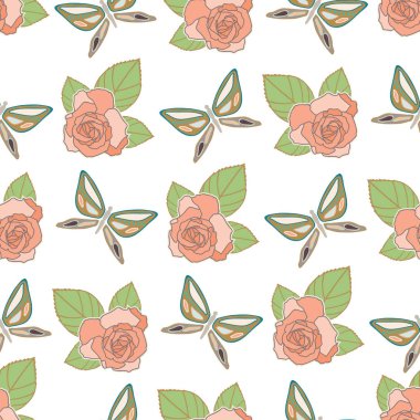 Vektör kelebekler ve güller ile sorunsuz desen tekrar.