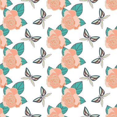 Vektör kelebekler ve güller ile sorunsuz desen tekrar.