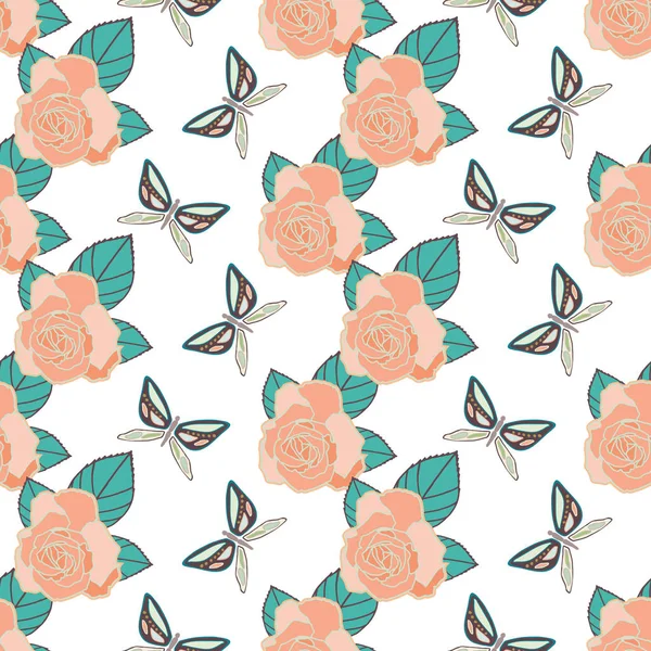 Vector repeat seamless pattern with butterflies and roses. — Stock Vector