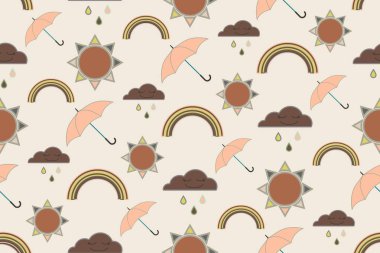 Vektör bulutlar, yağmur, gökkuşağı, güneş ve şemsiye ile sorunsuz desen tekrar.