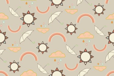 Vektör bulutlar, yağmur, gökkuşağı, güneş ve şemsiye ile sorunsuz desen tekrar.