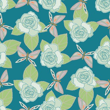 Vektör kelebekler ve güller ile sorunsuz desen tekrar.