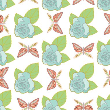 Vektör kelebekler ve güller ile sorunsuz desen tekrar.