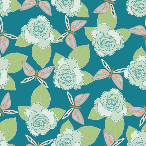 Vektör kelebekler ve güller ile sorunsuz desen tekrar.