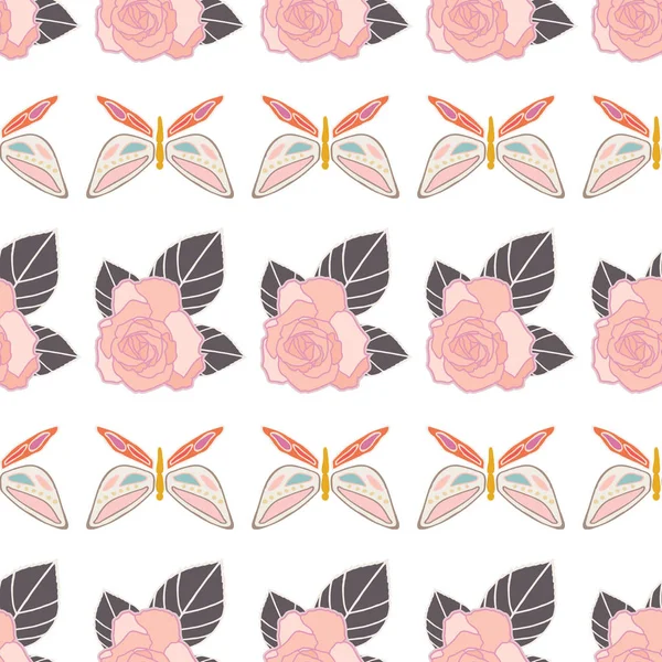 Vektor wiederholt nahtloses Muster mit Schmetterlingen und Rosen. — Stockvektor