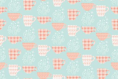 Çaydanlık ve çay fincanlarıyla yazıcı vektörü Noel deseni.