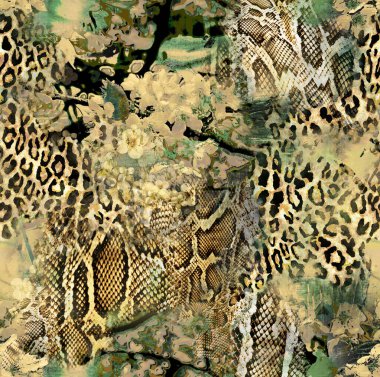 Tekstil yaz ve kış tasarımı kumaş desenleri, kusursuz tekrarlayan desen, sonsuz renkli leopar ve çiçek deseni.