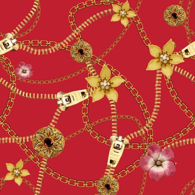 Tekstil yaz ve kış trendi desenleri, kusursuz tekrarlayan desenler, uçsuz bucaksız renkli çiçekler ve zincir temalı fermuar desenli desenler