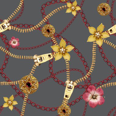 Tekstil yaz ve kış trendi desenleri, kusursuz tekrarlayan desenler, uçsuz bucaksız renkli çiçekler ve zincir temalı fermuar desenli desenler