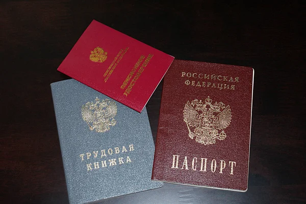 パスポートと労働ドキュメント 色付きの背景上の仕事の経験 — ストック写真