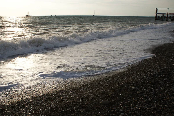 Pier Und Boote Meer Vor Sonnenuntergang — Stockfoto