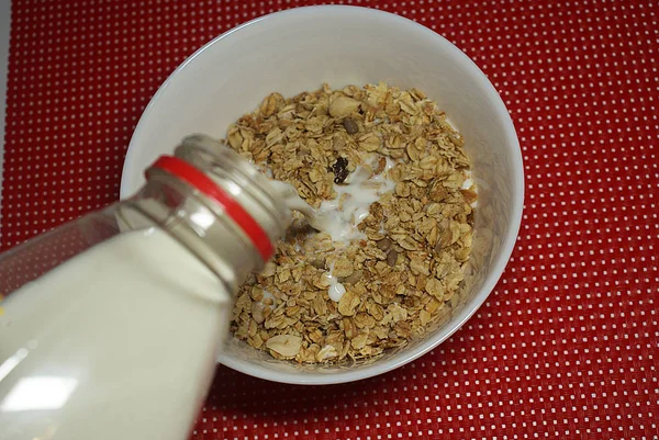 Muesli Met Noten Melk Gezond Voedsel — Stockfoto