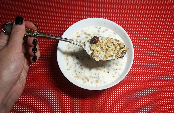 Muesli Met Noten Melk Gezond Voedsel — Stockfoto