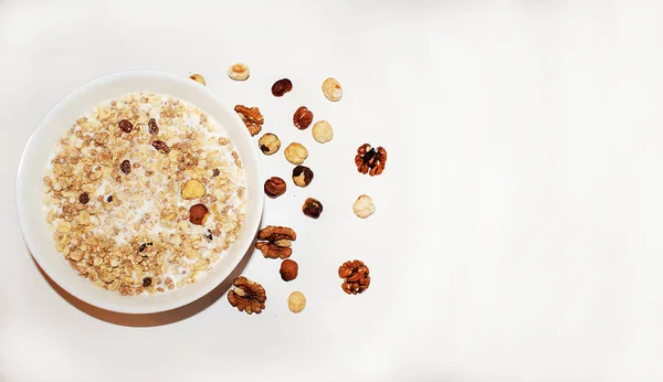 Muesli Met Noten Melk Gezond Voedsel — Stockfoto