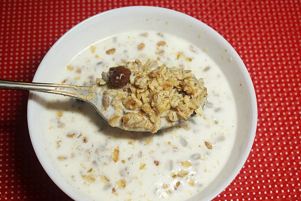 Muesli Met Noten Melk Gezond Voedsel — Stockfoto