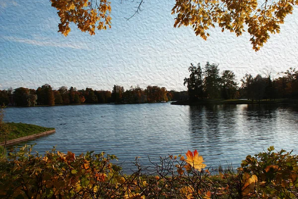 Осень Осенний Парк Озером Окрашенный Маслом — стоковое фото