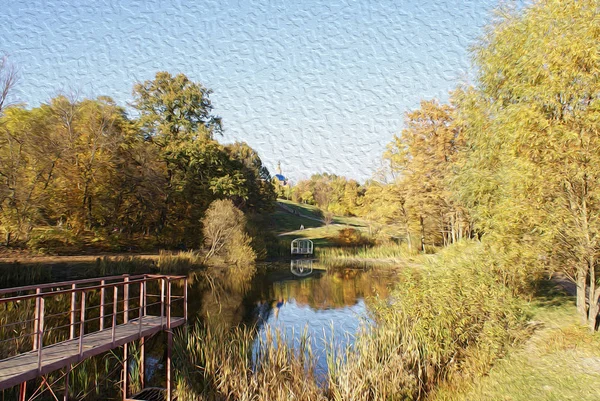 Outono Parque Outono Com Lago Pintado Com Óleo — Fotografia de Stock