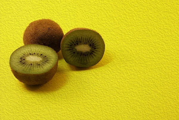 Saftige Kiwi Auf Gelbem Hintergrund Gezeichnet Von — Stockfoto