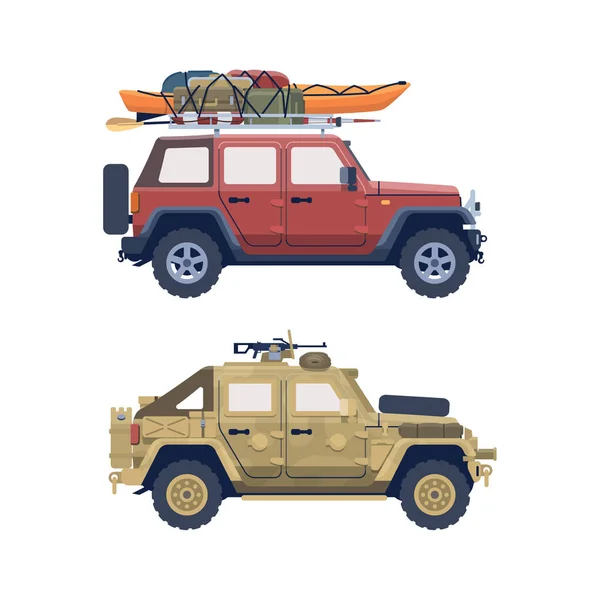Düz izole vektör Offroader askeri seyahat SUV seti