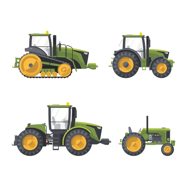 Conjunto Tractores Verdes Aislados Planos — Archivo Imágenes Vectoriales