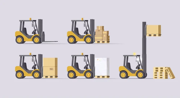 Conjunto Cajas Entrega Carretillas Elevadoras Aisladas Vectoriales — Vector de stock