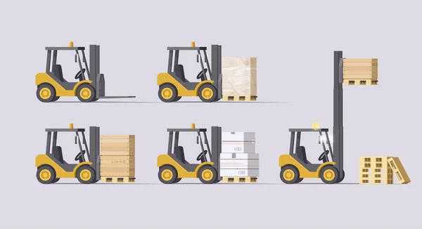 Conjunto Cajas Entrega Carretillas Elevadoras Aisladas Vectoriales — Vector de stock