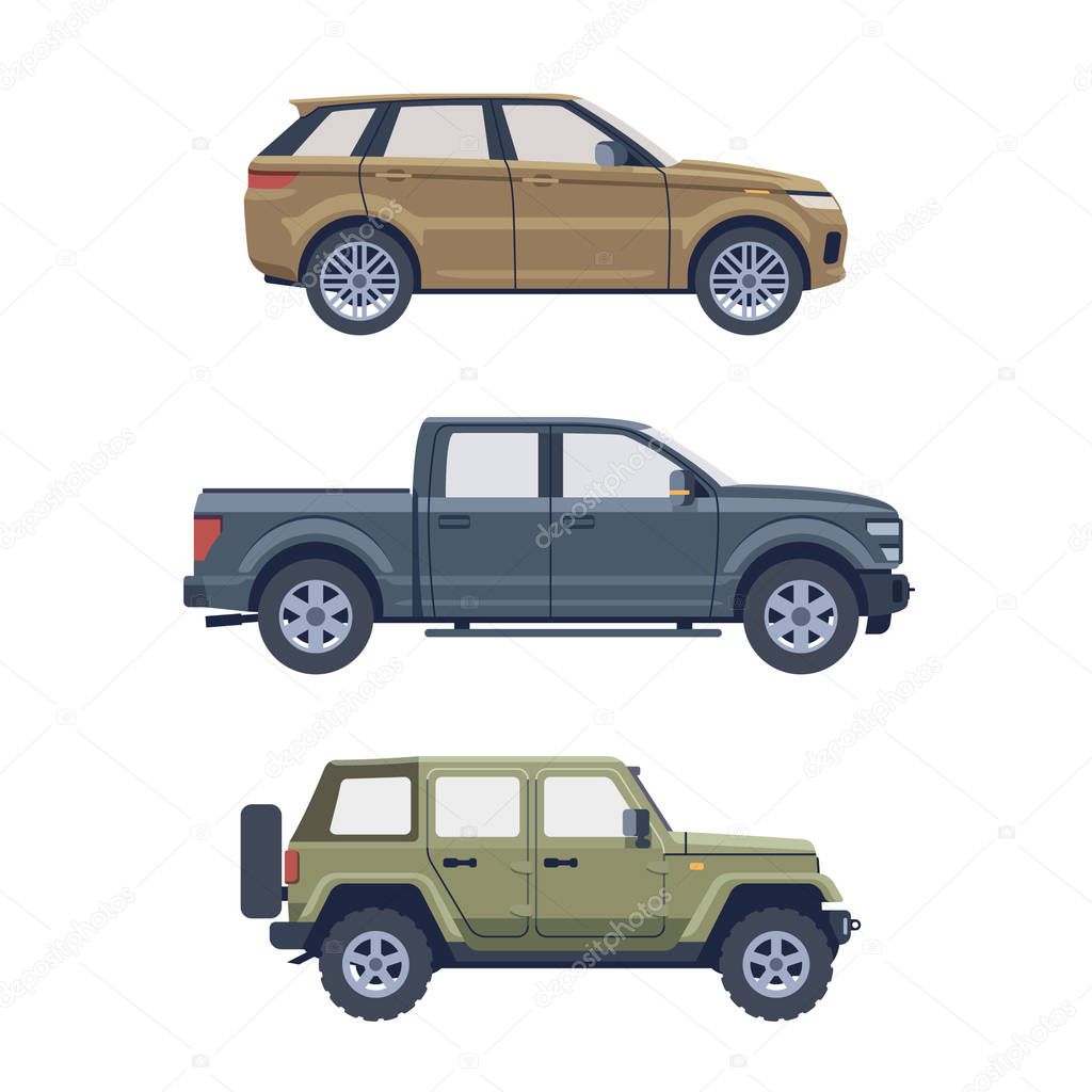 Flat isolated offroader SUV crossover pickup truck set