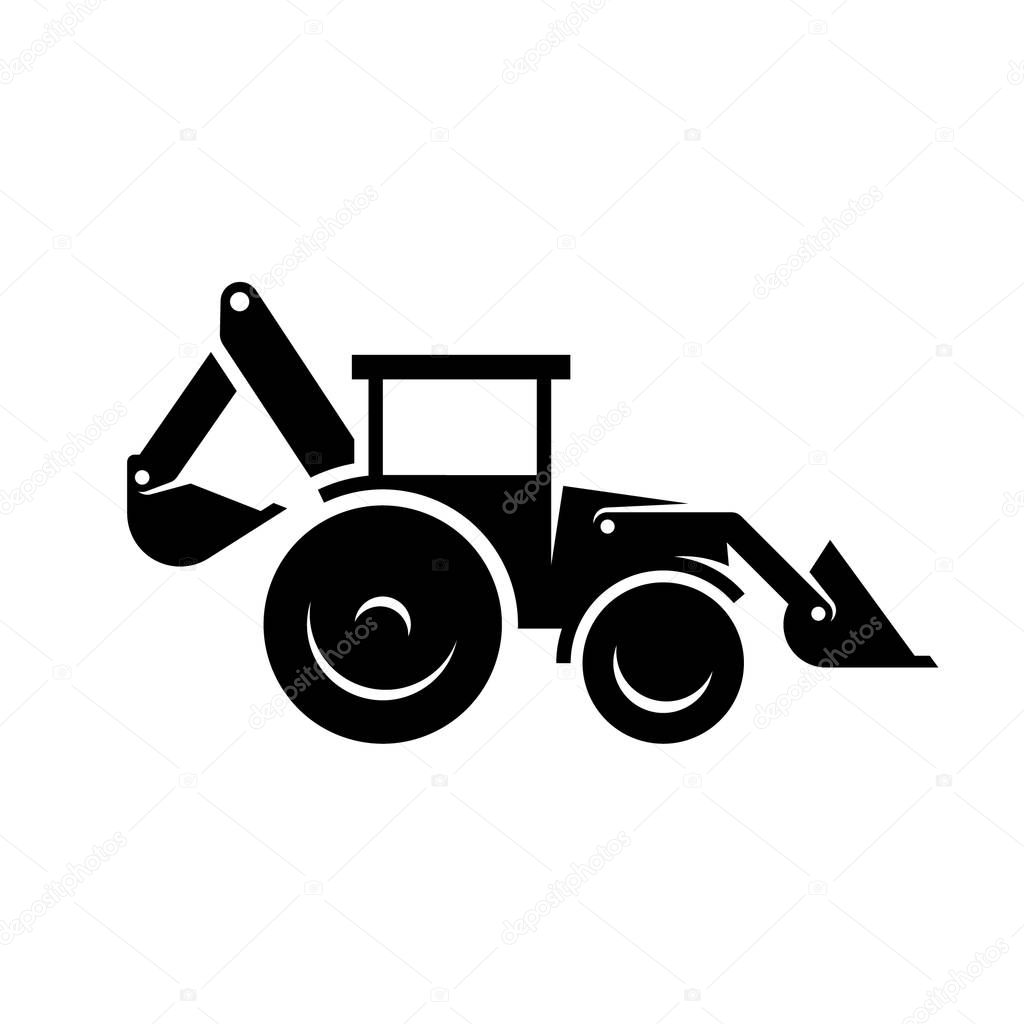 Vector Icon Black Flat Backhoe Loader Tractor Excavator — Stock Vector