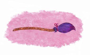 Suluboya Cadı süpürge Pembe dokulu arka plan üzerinde