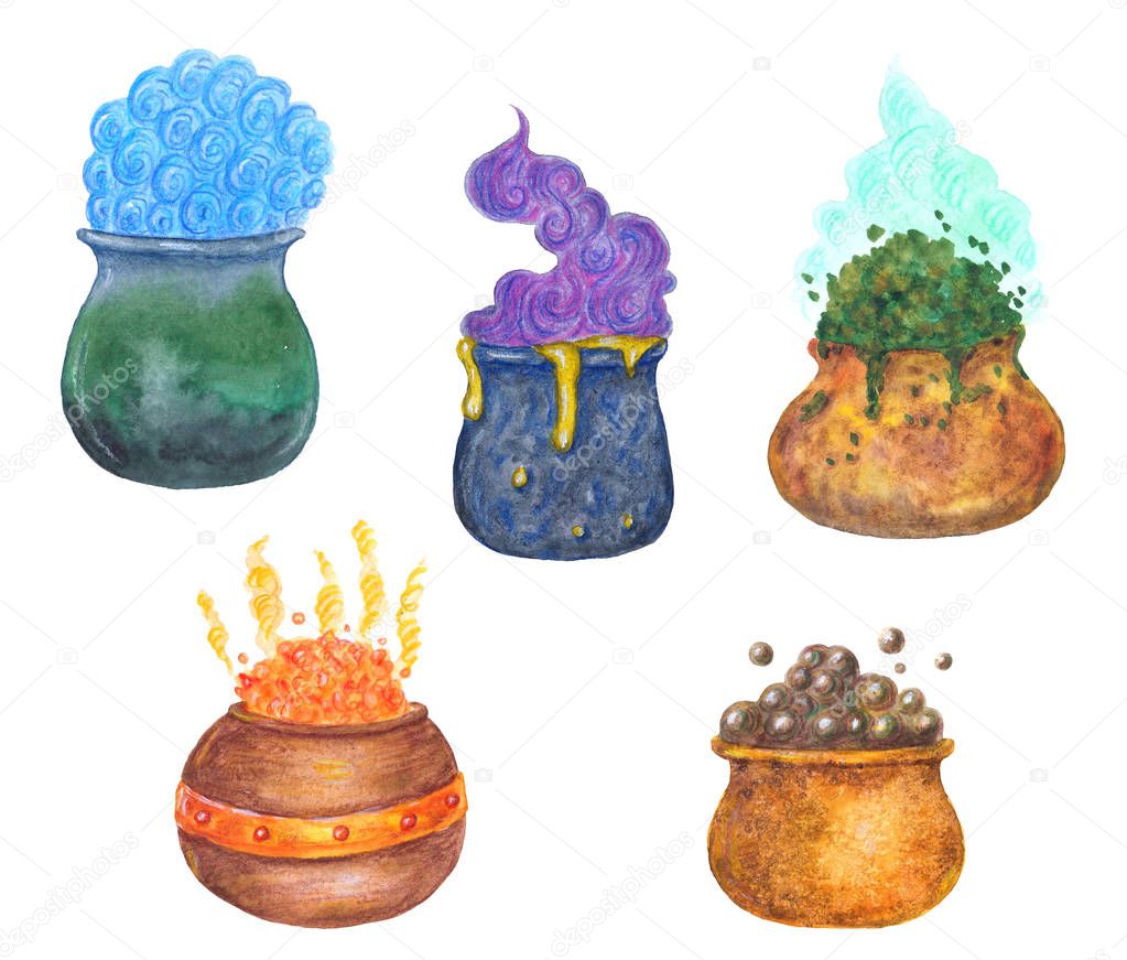 Collection of watercolor witch's boilers for Halloween