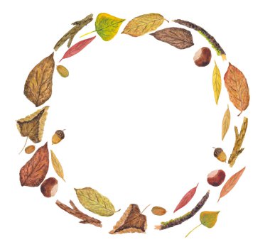 Sonbahar ormanın içinde suluboya boyalı öğelerin sonbahar yuvarlak çerçeve