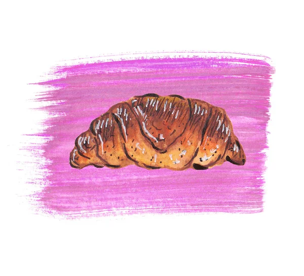 Akvarell Illustration Croissant Rosa Bakgrund — Stockfoto