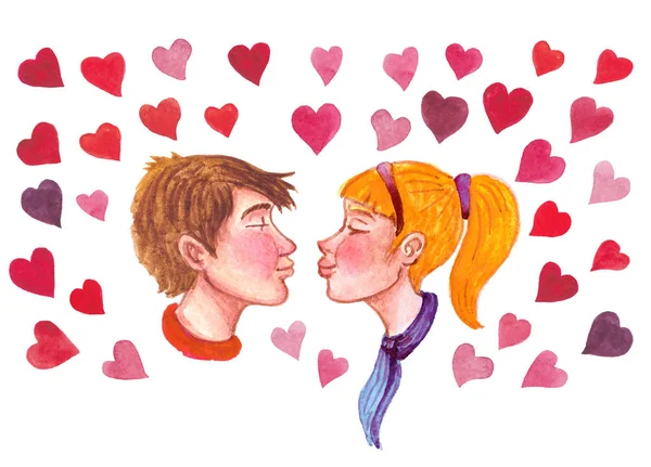 Cartoon Akvarell Kysste Pojke Och Flicka Vit Bakgrund Med Hjärtan — Stockfoto