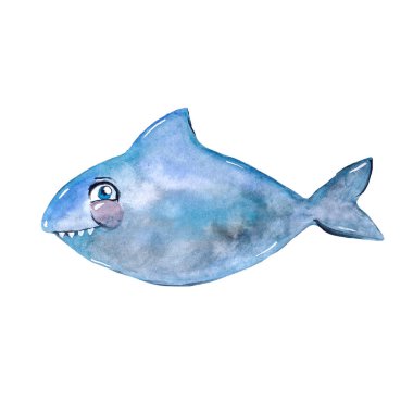 sevimli küçük mavi suluboya köpekbalığı gülümseyen