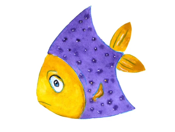 魚の笑みを浮かべてかわいい小さな紫の水彩画 — ストック写真