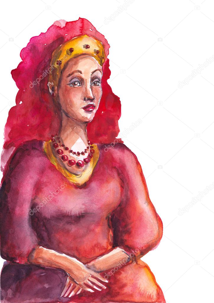 Watercolor woman in red on white backgroun