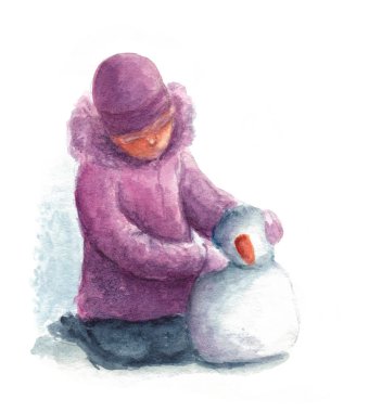 Pembe bir aşağı bir kız kar üzerinde oturan ceket ve küçük bir snowma sculpts