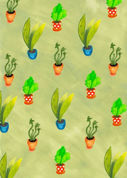 Hellgrünes Aquarellmuster Mit Verschiedenen Pflanzen Töpfen — Stockfoto