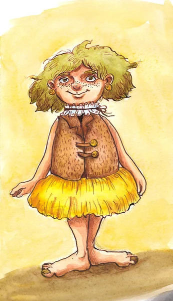 Акварель девушка с зелеными волосами на желтом фоне — стоковое фото