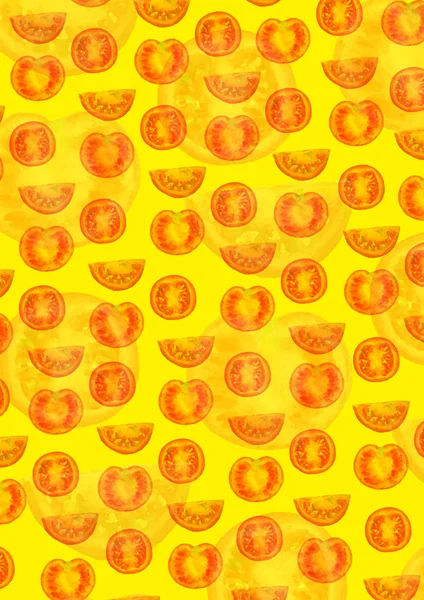 Aquarell Hintergrund Mit Illustration Von Roten Tomaten Auf Gelbem Hintergrund — Stockfoto