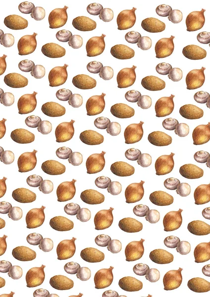 Aquarell-Illustrationsmuster von Champignons, Zwiebeln und Kartoffeln — Stockfoto