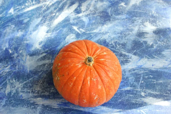 Abóbora laranja na textura azul — Fotografia de Stock