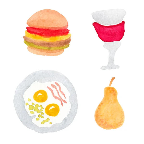 Set of watercolor illustrations of food and drinks — Stock Photo, Image