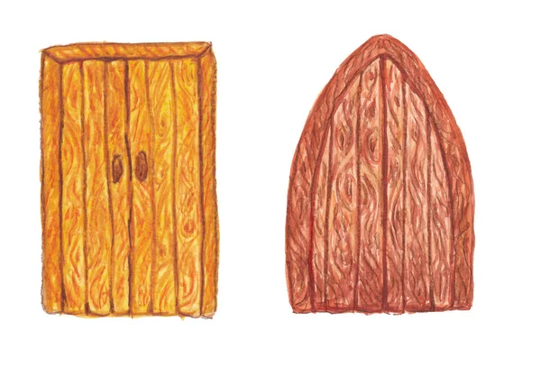 Акварельна ілюстрація жовтих і коричневих дерев'яних дверей на білому — стокове фото