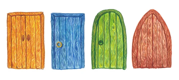 Акварельна ілюстрація набору кольорових дерев'яних дверей на білому — стокове фото