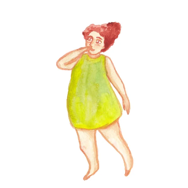 Acuarela ilustración de una mujer regordeta en un vestido verde en una w — Foto de Stock