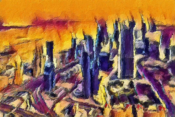 Şehrin Güçlü Aquarell Boyama Dijital Sanatı