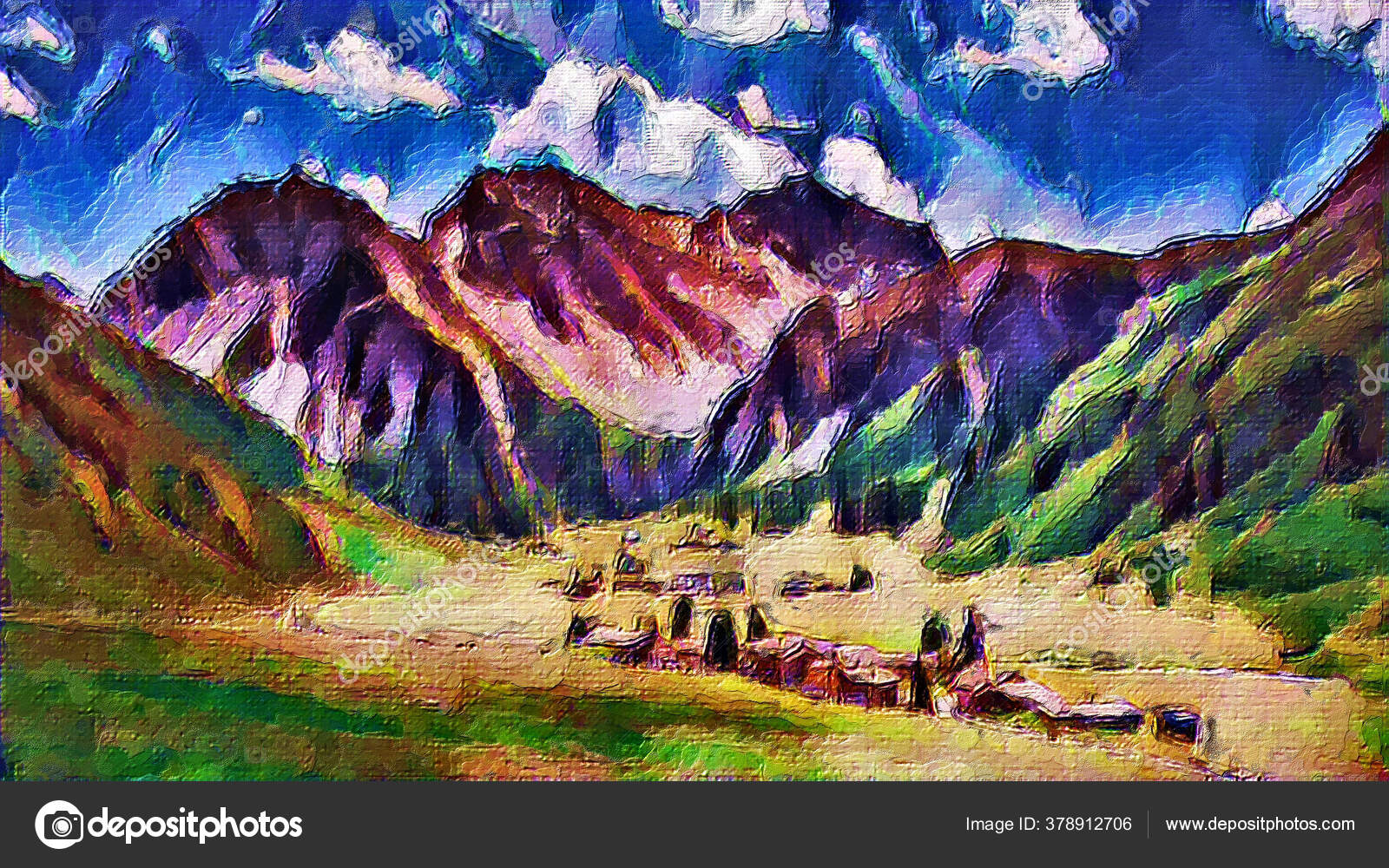 Mountain Village Acryl Painting Digital Artwork Stock Photo C Nestos